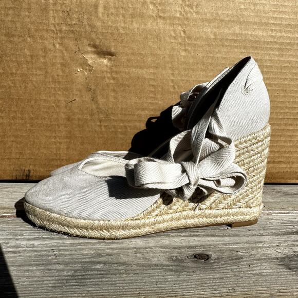 Reformation Camilla Lace Up Wedge Espadrille Sandals Linen Closed Toe Cream 7M - Picture 3 of 6